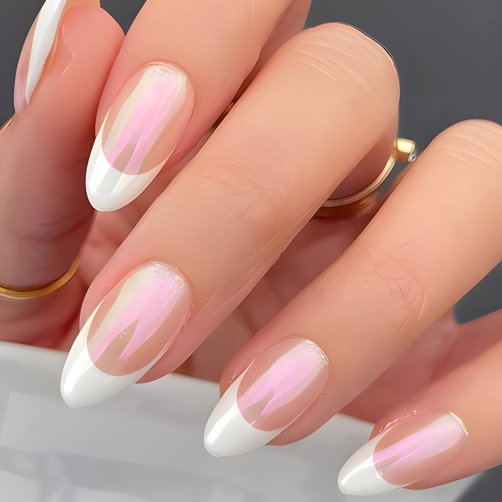 SINSEN Almond French Tip Press on Nails Medium Fake Nails White French Tip Glue on Nails Cute False Nail Tips Glossy Acrylic Nails Press ons Medium Almond French Stick on Nails for Women and Girls